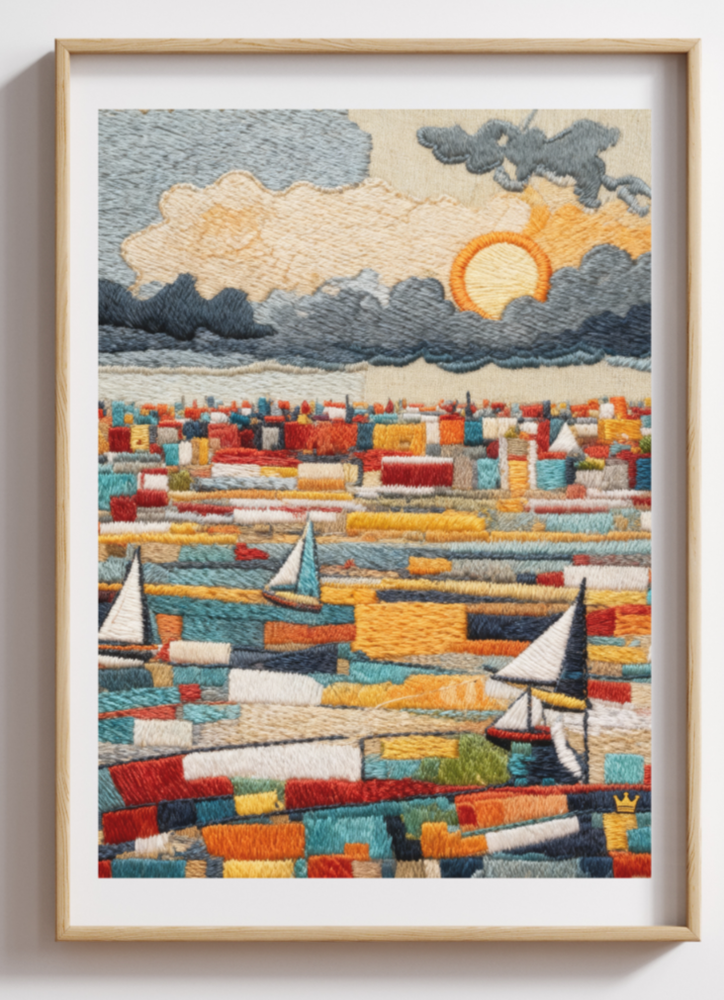 Seascape Boat Skyline Abstract Embroidered Pop Wall Art Print on Canvas 3D