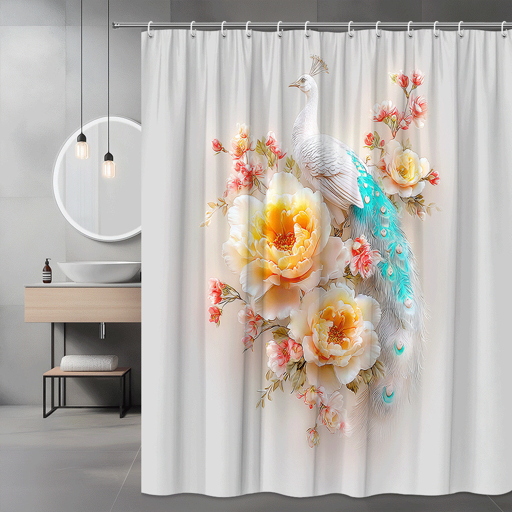 Peacock Floral Shower Curtain White Pink Yellow Blue