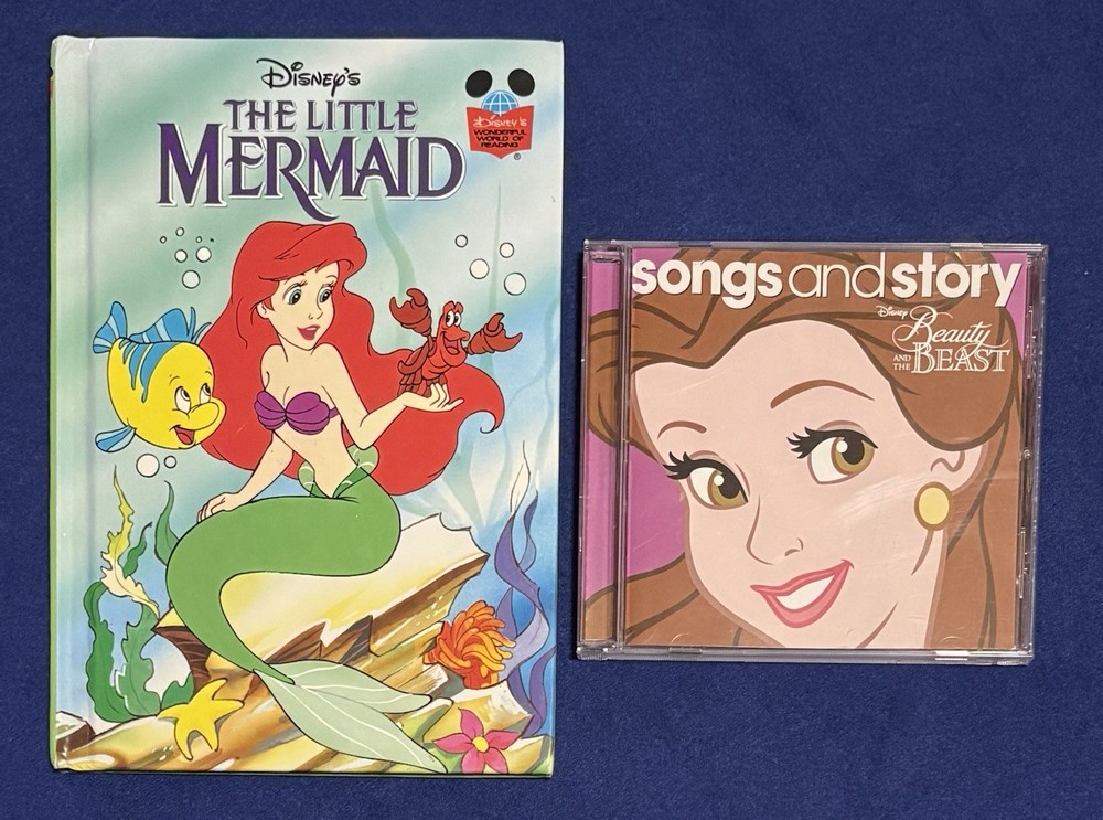 Disney Little Mermaid Book & Beauty and the Beast Songs Story CD Lot Kids