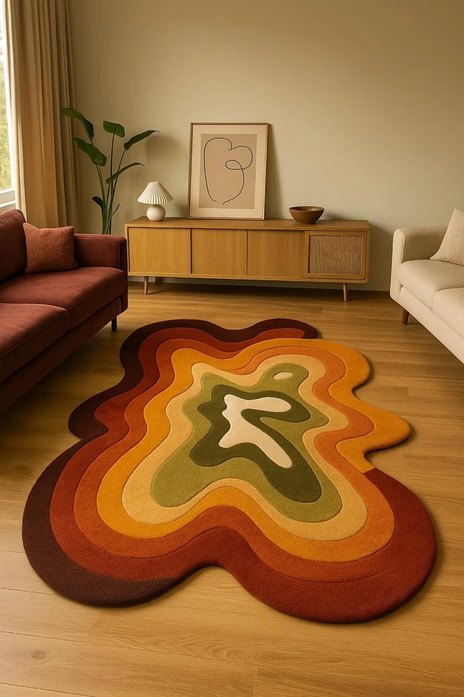 Hand Tufted Abstract Area Rug, Retro Wavy Mid-Century Modern Rug, Earth Tone Rug