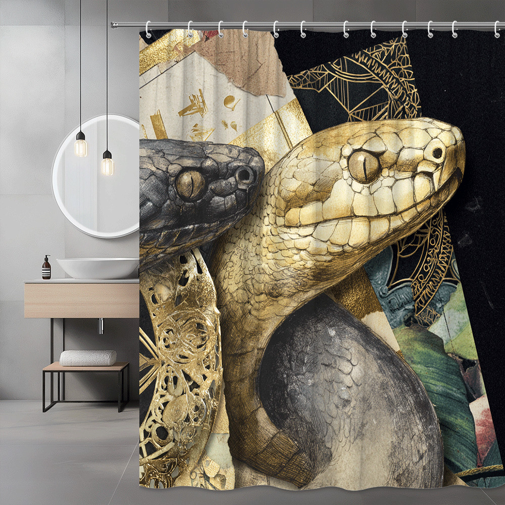 Snake Graphic Shower Curtain Black Gold Reptile Print