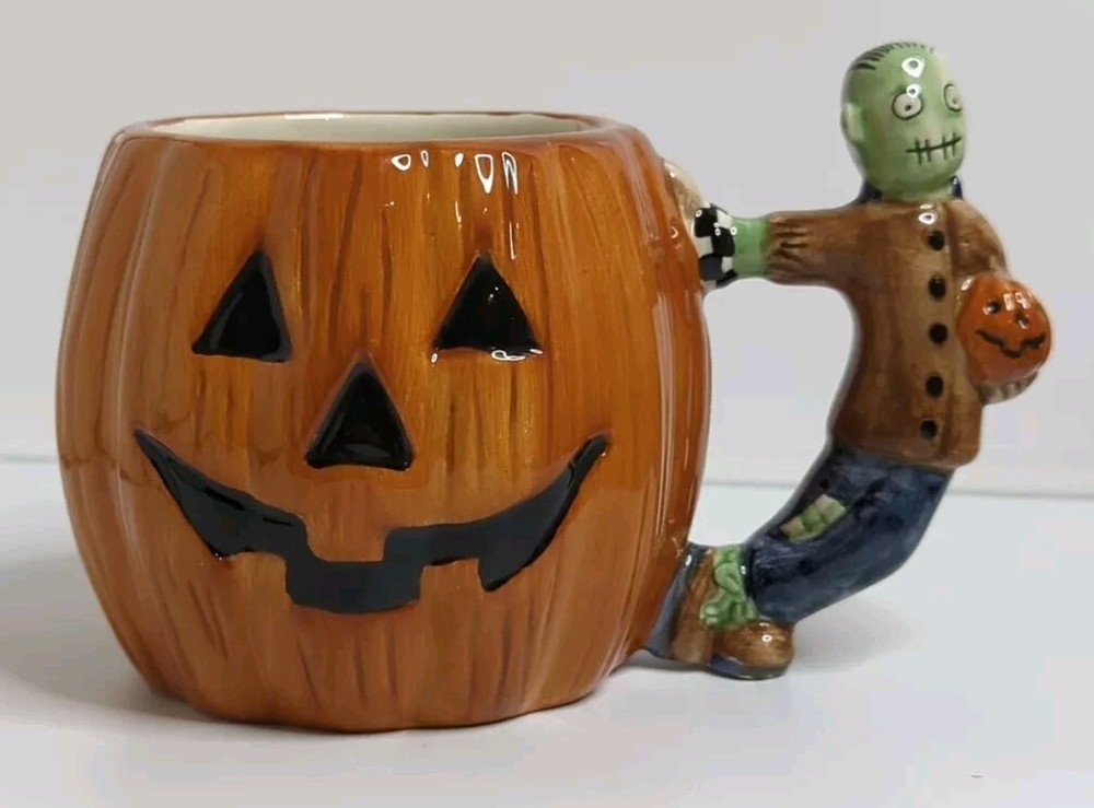 Folk Art Sakura 1998 Debbie Mumm Halloween Coffee Pumpkin Mug W/ Zombie Handle