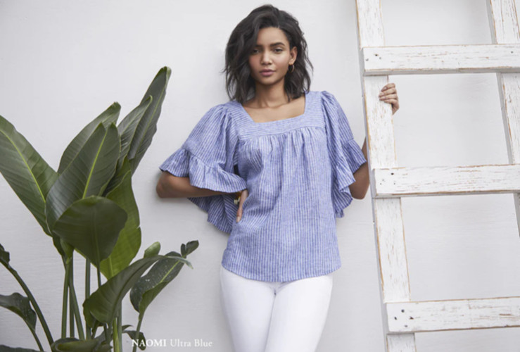 Beach Lunch Lounge M Naomi Boho Peasant Flutter Sleeve Striped Linen Top Shirt