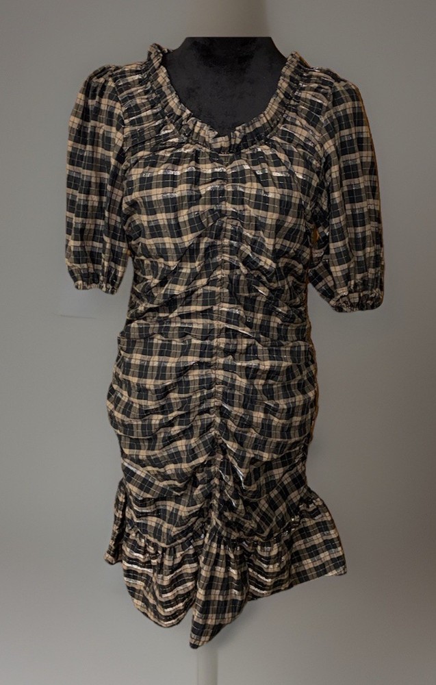 Ganni Seersucker Ruched Dress Size 42 US 10 Black/Brown Plaid Ruffle Puff Sleeve
