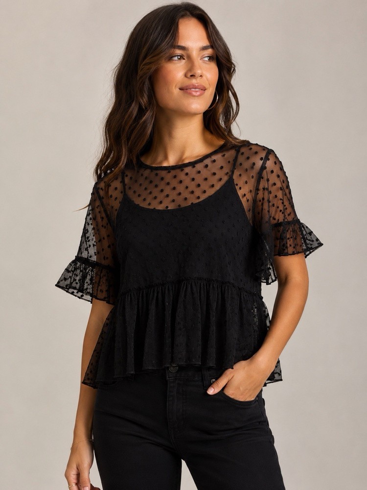 Black Sheer Mesh Polka Dot Ruffle Cropped Flutter Sleeve Women’s Top Size 2X