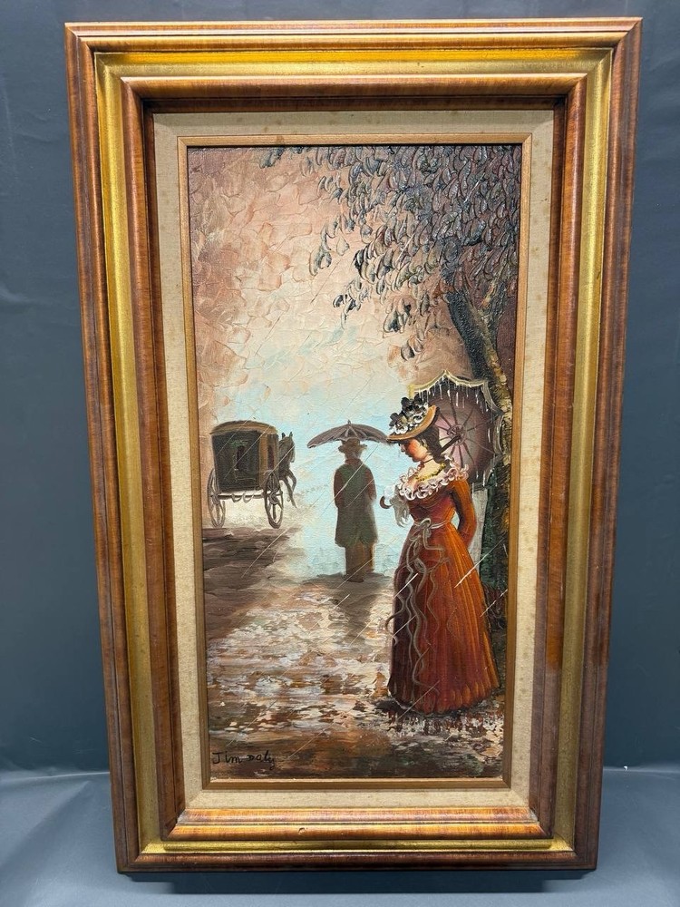 Vintage Framed Oil Painting Woman with Umbrella Street Scene 12” x 24” Signed
