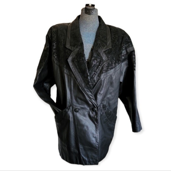 VINTAGE 1980's Embossed Leather Blazer Coat Jacket - PATCHWORK LEATHER DESIGN