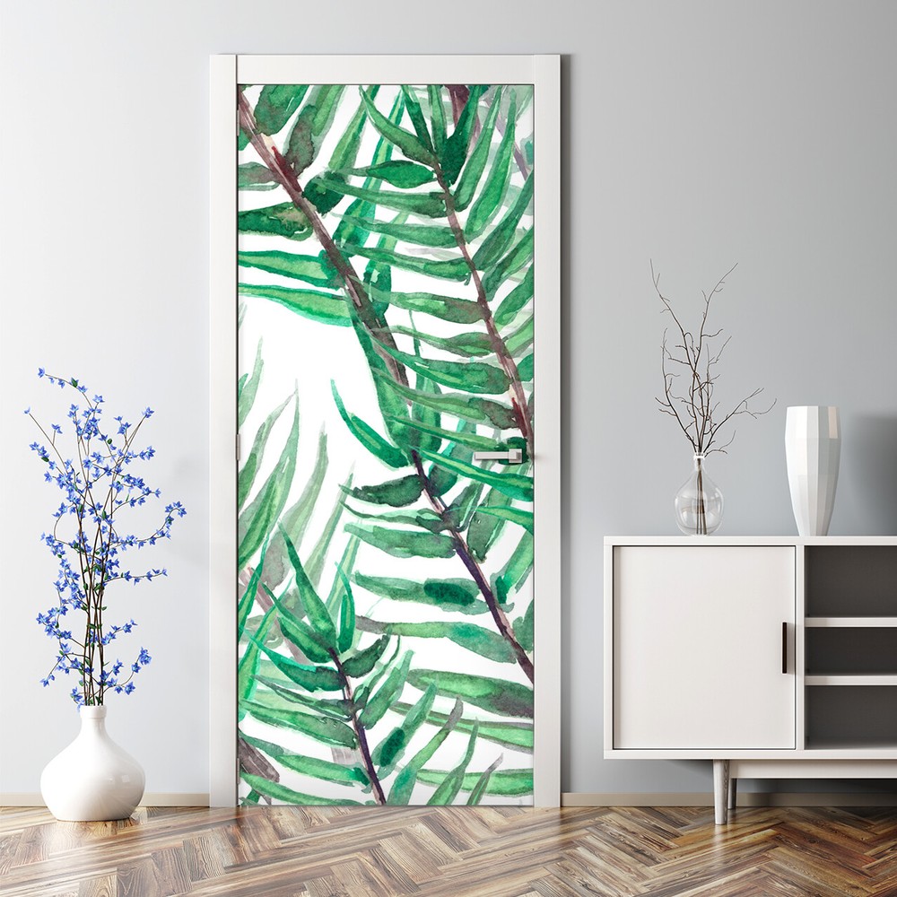 Diagonal Palm Leaf Watercolor Bubble-Free Self-Adhesive Door Decal