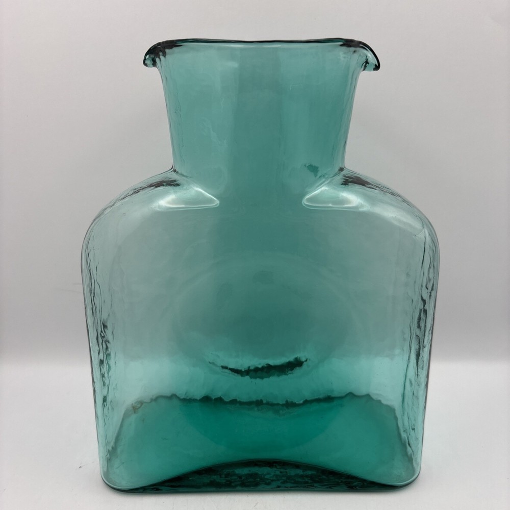 Vintage Blenko Blue Green Teal 8 Inch Double Spout Water Pitcher Mid Century Glassware  