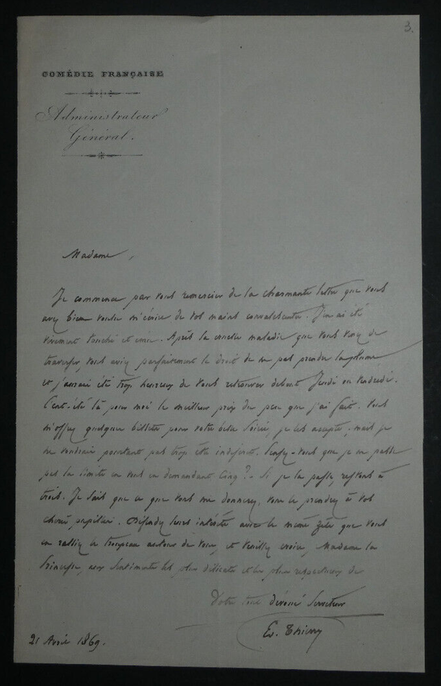 Edouard Thierry, - Signed Autograph Letter, Comedie Francaise 1869