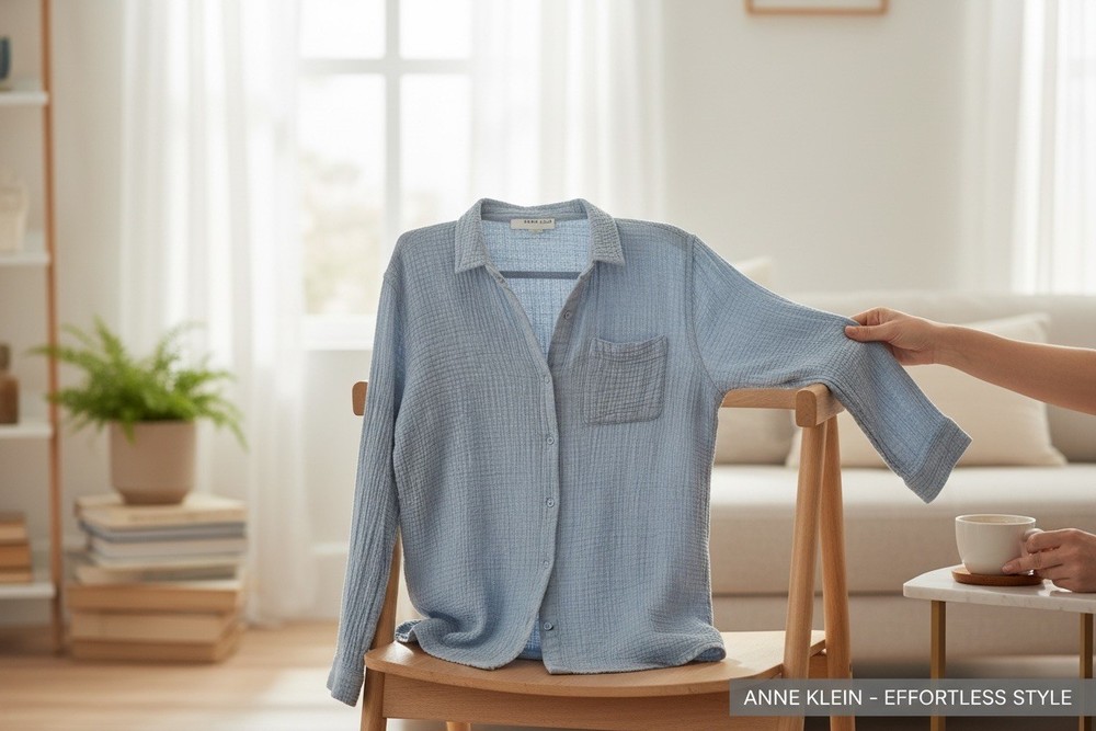 Anne Klein Gauze Shirt Button Front Dusty Blue Longsleeve Roll Tab Size Medium