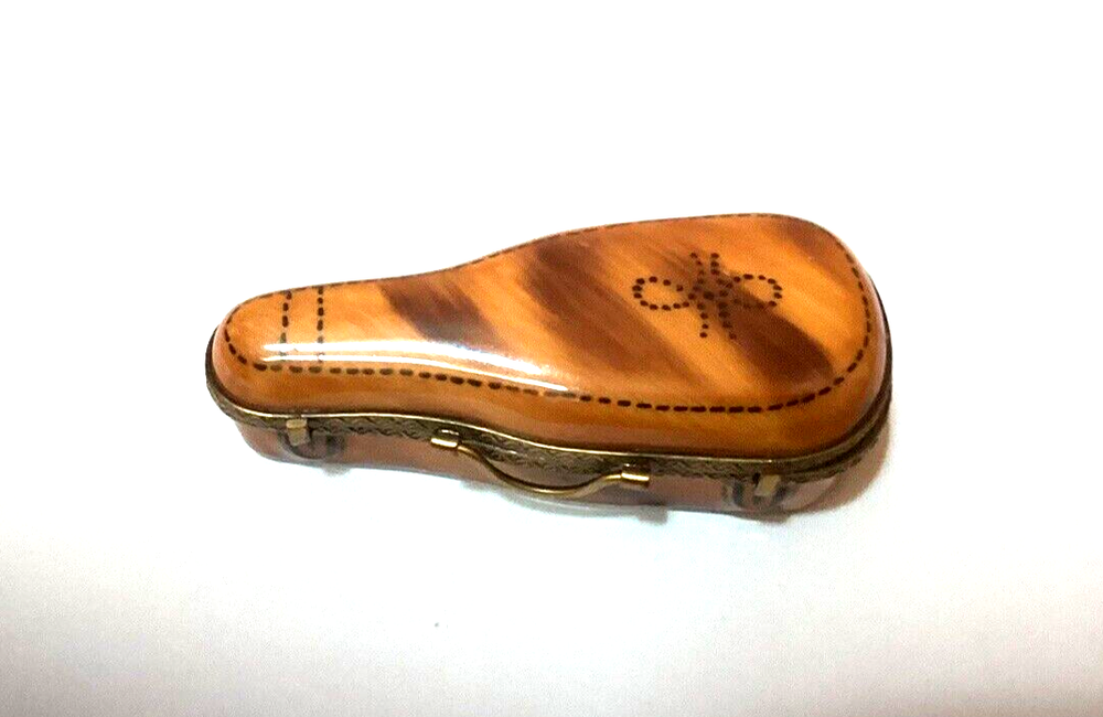 Vintage Limoges France Hand-Painted Violin Case Trinket Box with Hinged Lid