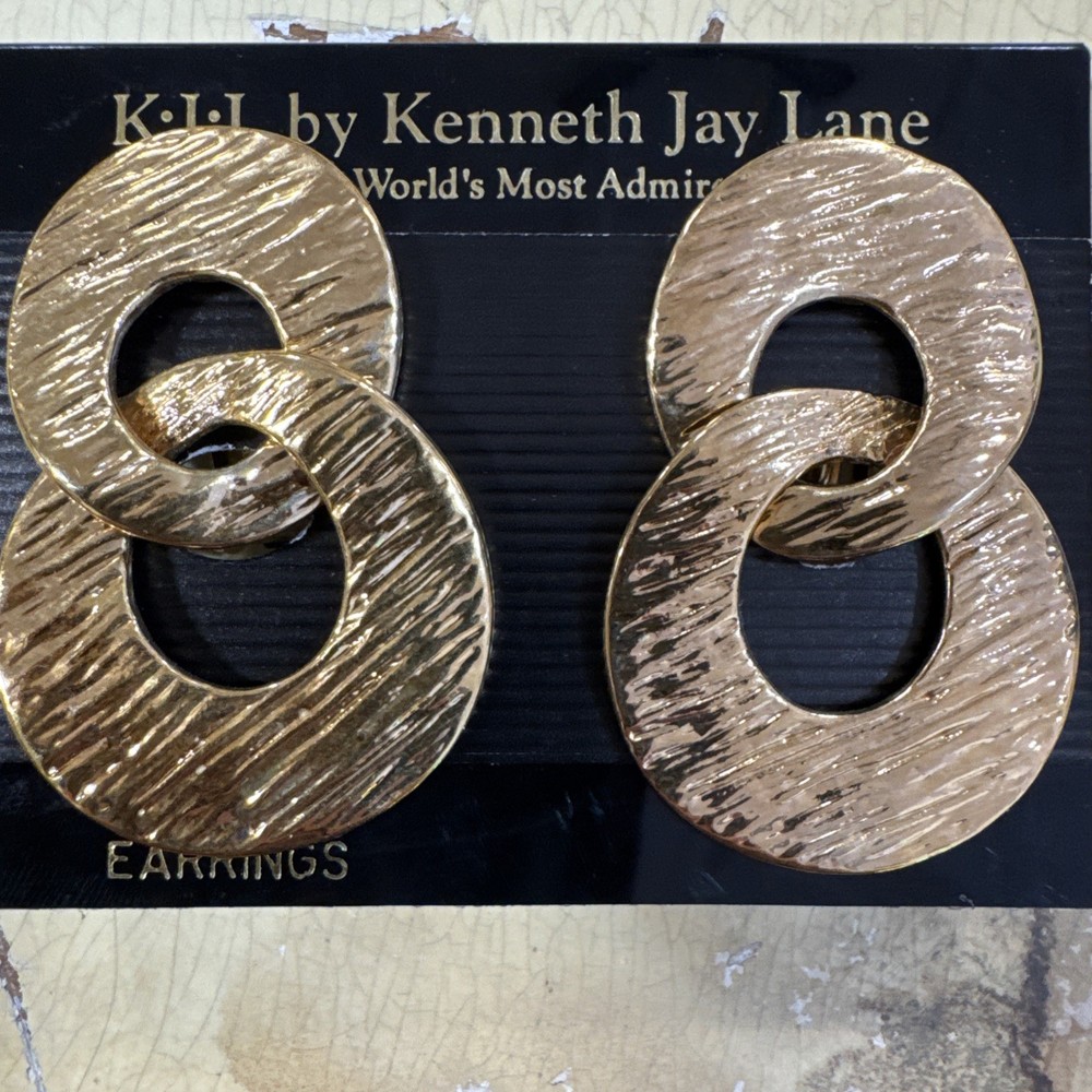 Vtg KENNETH JAY LANE Signed KJL Shiny Gold Tone Drop Dangle Clip Earrings