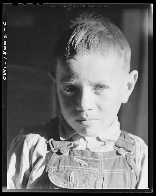 Photo:1930s Young Boy Overalls Portrait Black and White Studio Photo