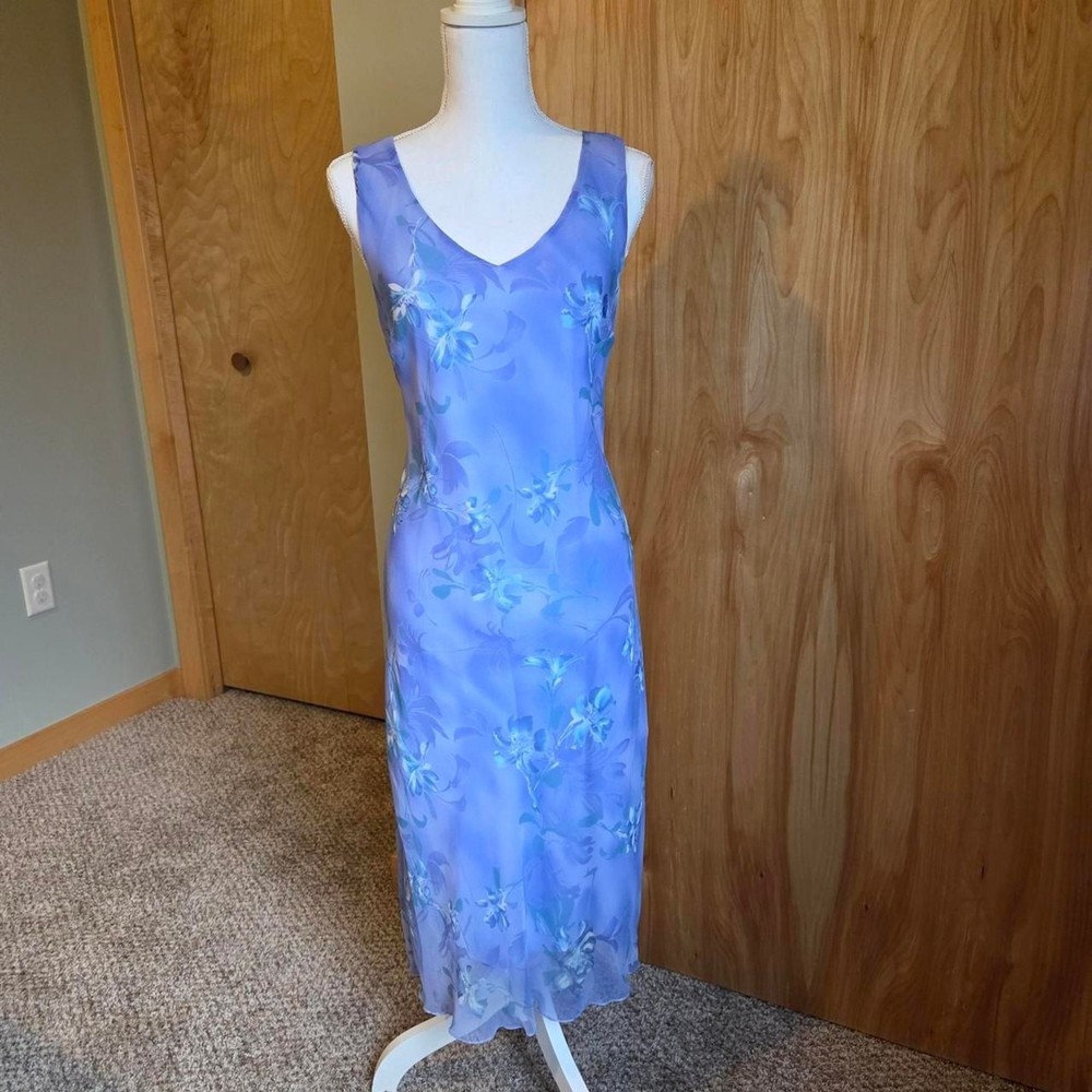 Vintage 90s Y2k Periwinkle Fairy Core Whimsy Floral Midi Dress