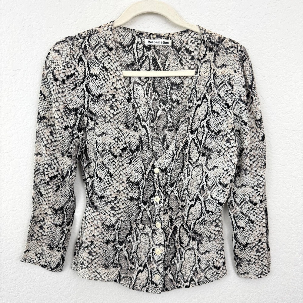 Reformation Womens Jemma Blouse Top Size 4 Snake Print Flowy Button Black