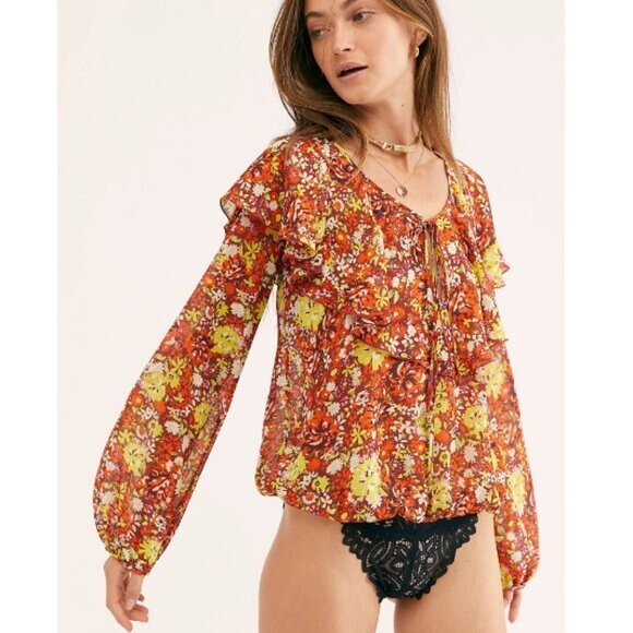 NWT FREE PEOPLE $78 Floral Ruffle Lace Say It To Me Bodysuit Red Sienna Size L