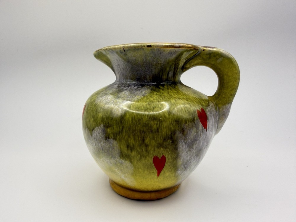 Vintage Art Pottery Mini Ewer Pitcher Green Drip Glaze Red Hearts