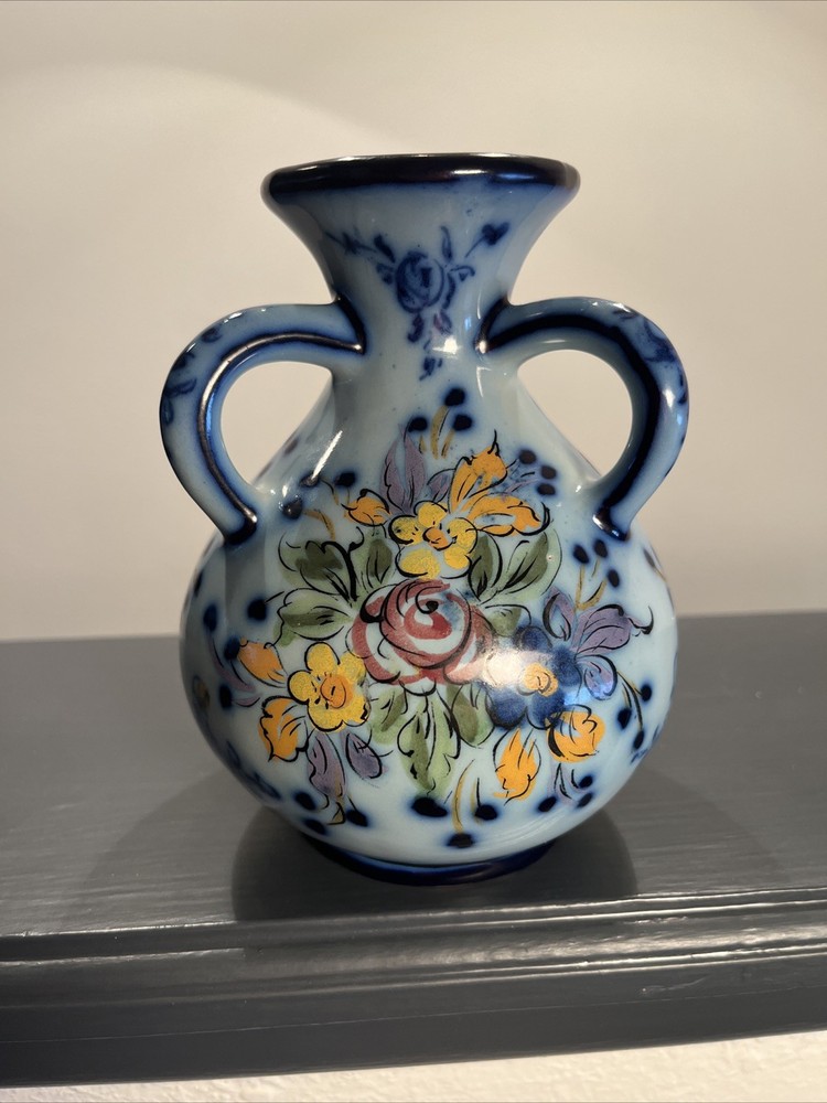 Vtg Alcobaca  Portugal Pottery Hand Painted Flower Vase Floral Cobalt 3 Handled
