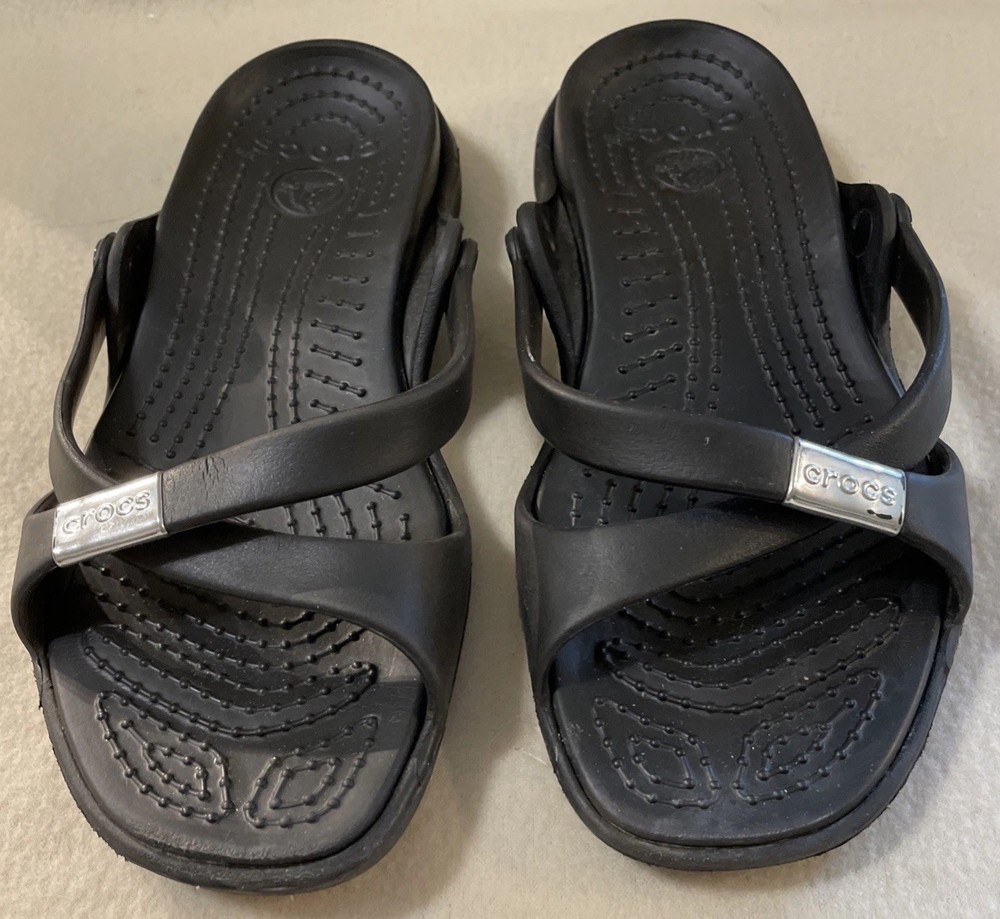 Crocs cross over slip on rubber ortho washable sandals Black With Metal Accent