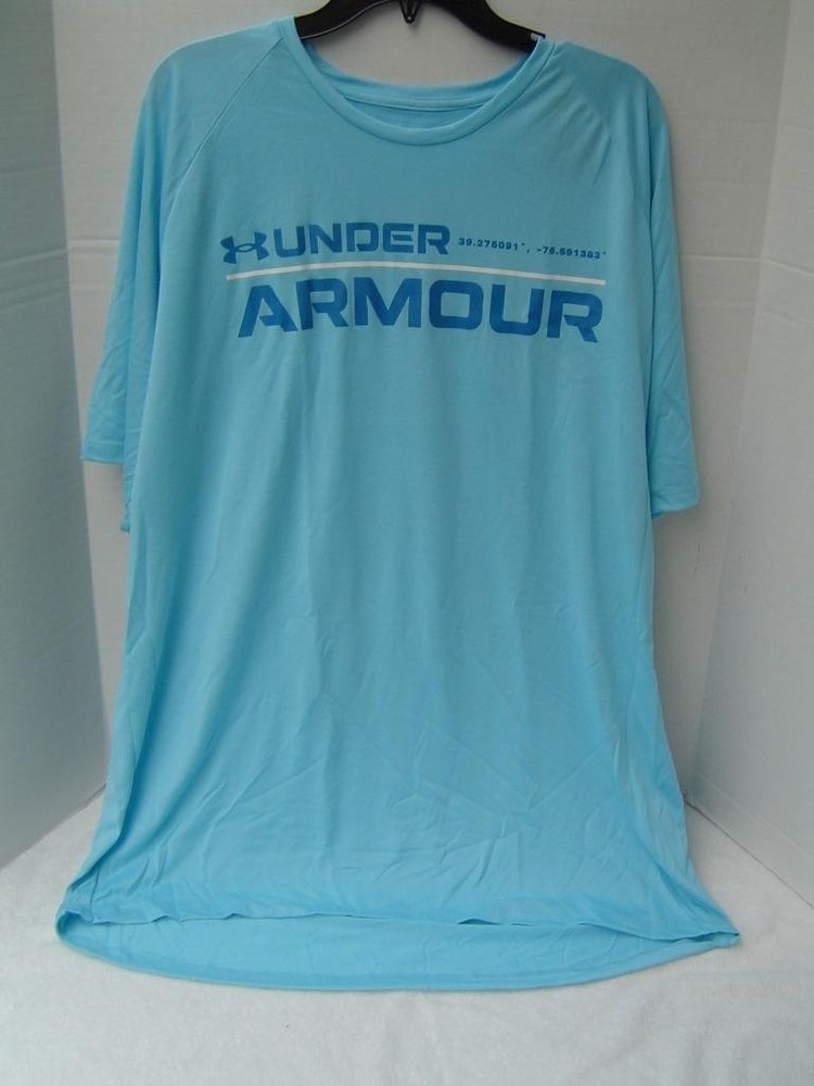 New Mens Under Armour Light Blue Loose Fit Shirt W/Blue Wordmark Logo  Size Xlt