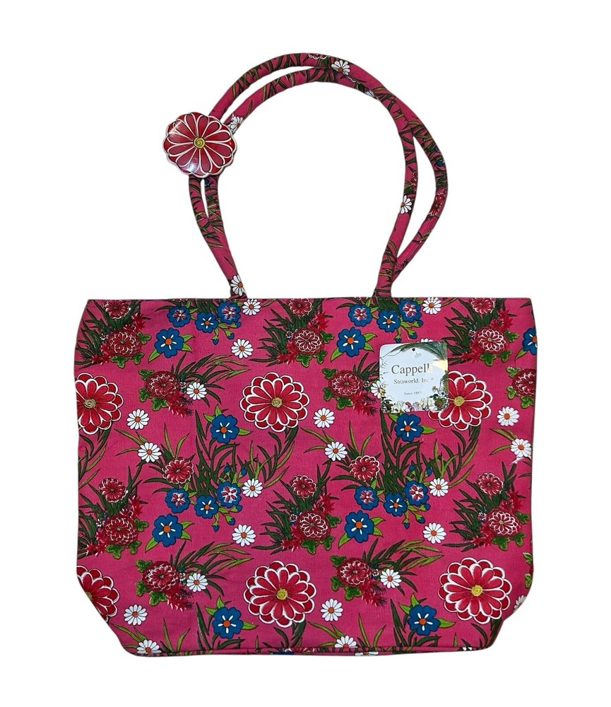 Cappelli Straworld Canvas Tote Bag Floral Handbag Beach Tote Bag Hot Pink NWT