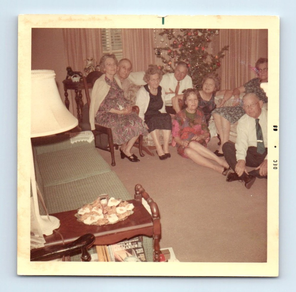 Old Vintage Square Color Photo OLDER ELDERLY MEN WOMEN CHRISTMAS TREE PIC