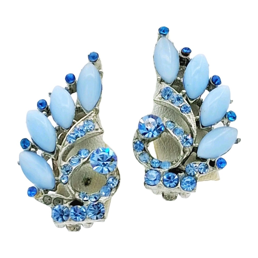 Vtg Blue Glass Rhinestone Climber Earrings Silver Tone 1.5