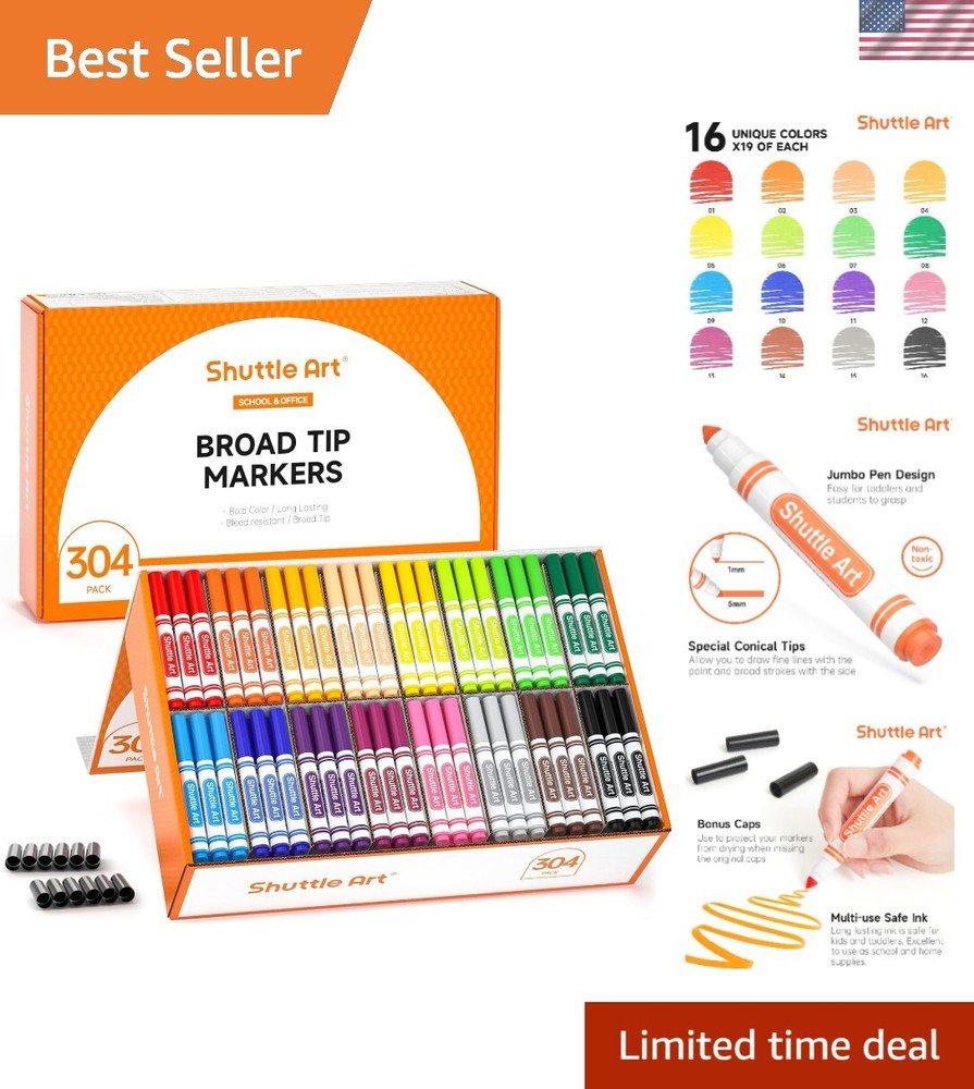 304-Piece Washable Markers Set, 16 Vibrant Colors with Broad Conical Tips for Kids Art Projects