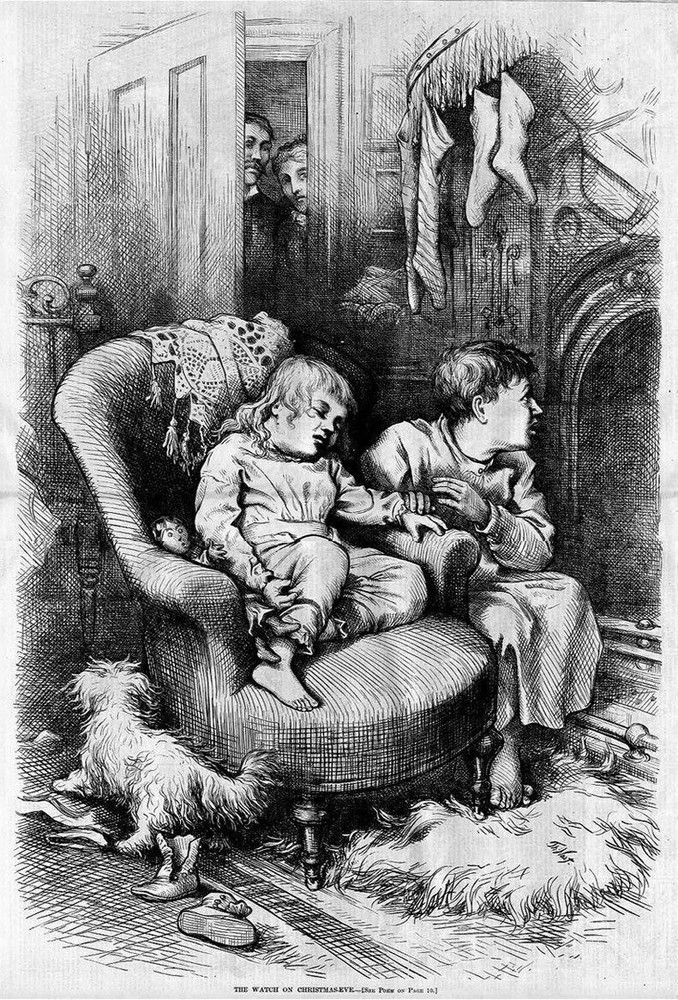 THOMAS NAST, CHILDREN WAITING FOR SANTA CLAUS FIREPLACE