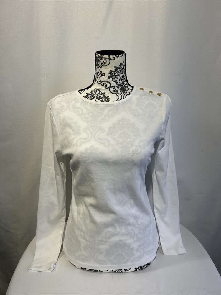 Lauren Ralph Lauren Shirt Womens Sz L White Long Sleeve Tee Button Shoulder