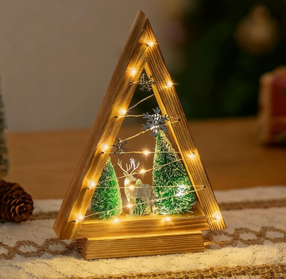 Tabletop Christmas Decorations Indoor: Wooden Christmas Tree with Lights - Mo...