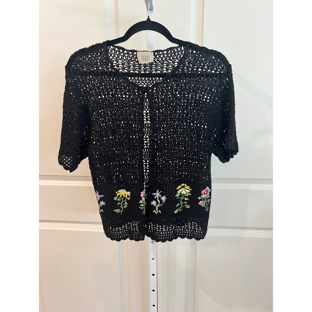 Vintage Teddi Black Crochet Knit Floral Embroidered Short Sleeve Cardigan Top