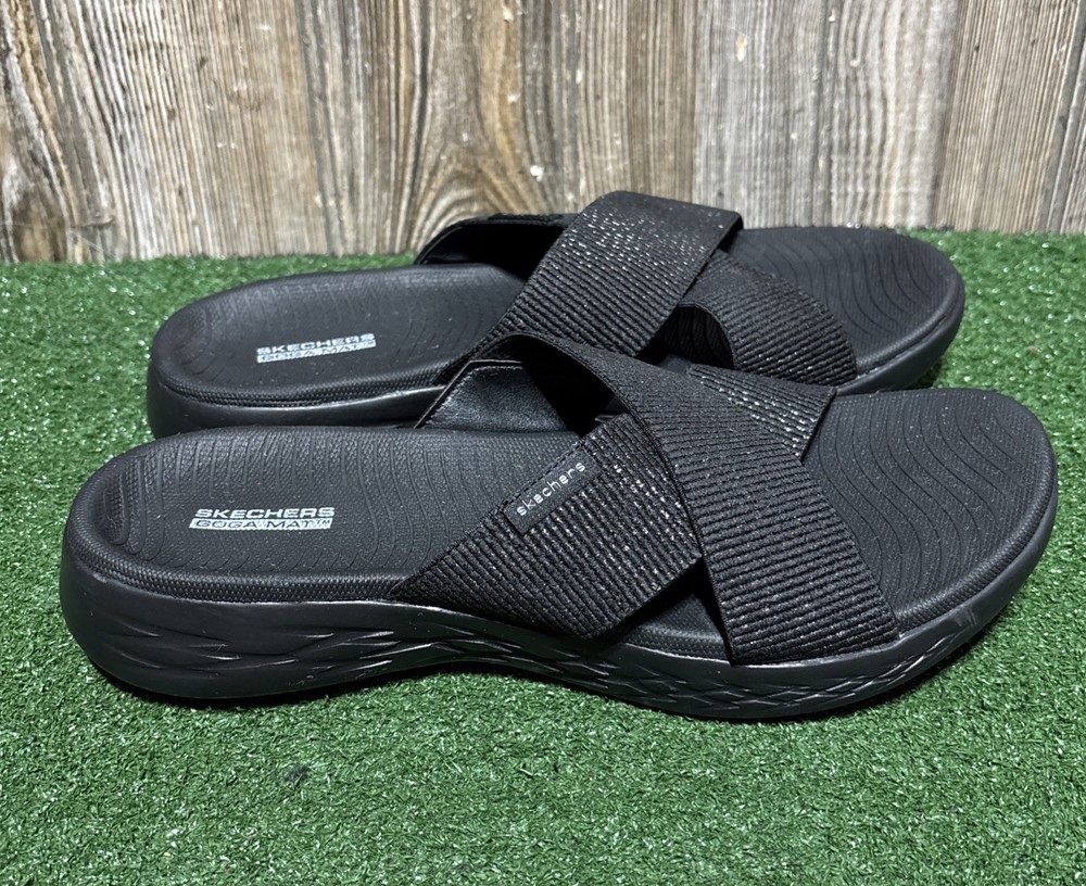 Skechers Goga Mat Slide Sandals Glistening Black Womens Size 11 EUC