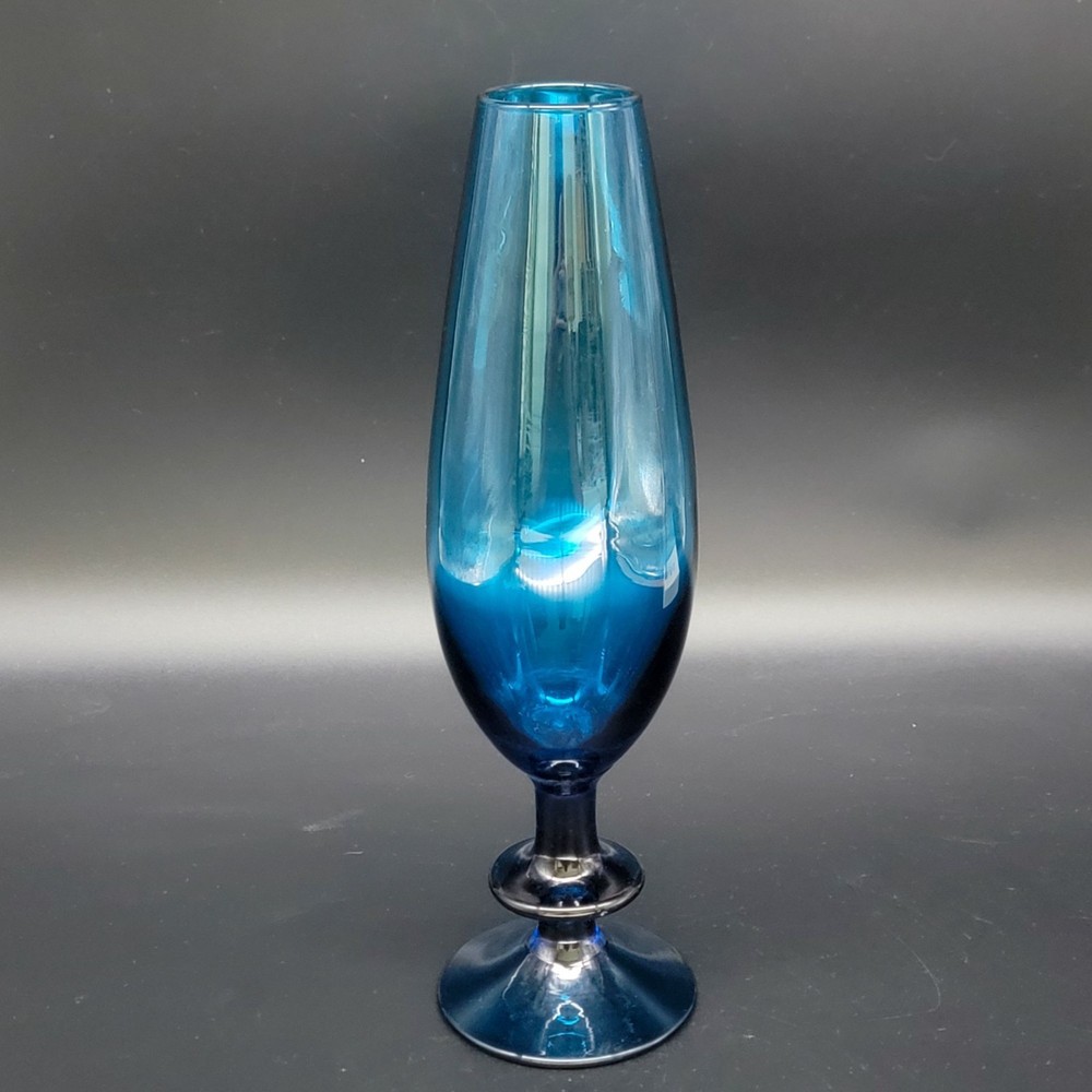 Vintage 1970s MCM Blue Glass Footed Tulip Vase Imported By Peedee Made In Italy