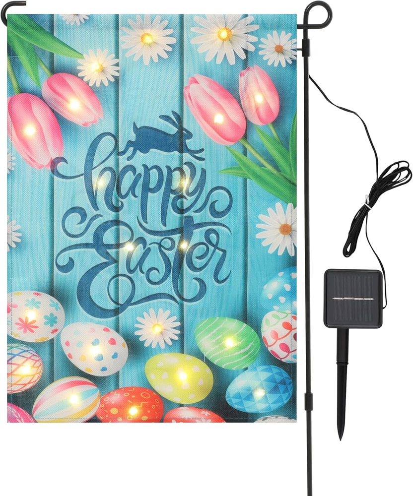 12x18 Solar LED Happy Easter Garden Flag with Lighted Easter Eggs