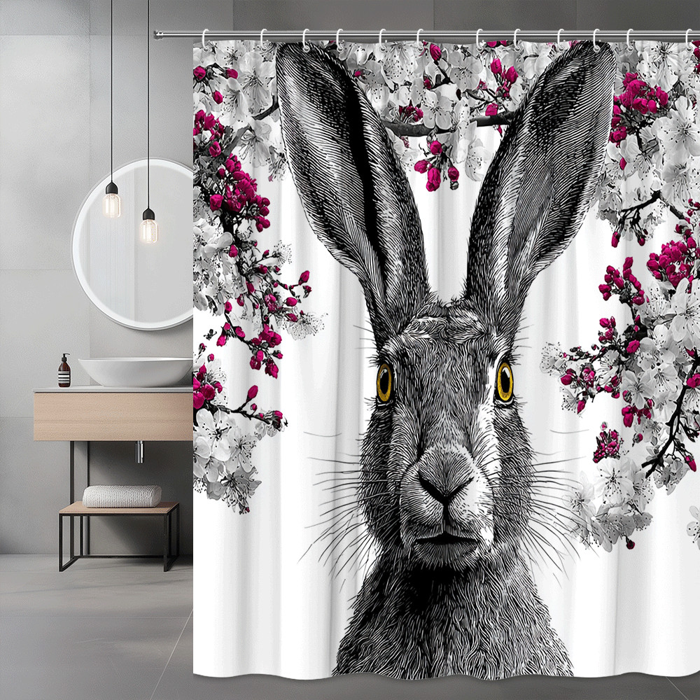 Rabbit Shower Curtain Floral Bunny Black White Pink Decor