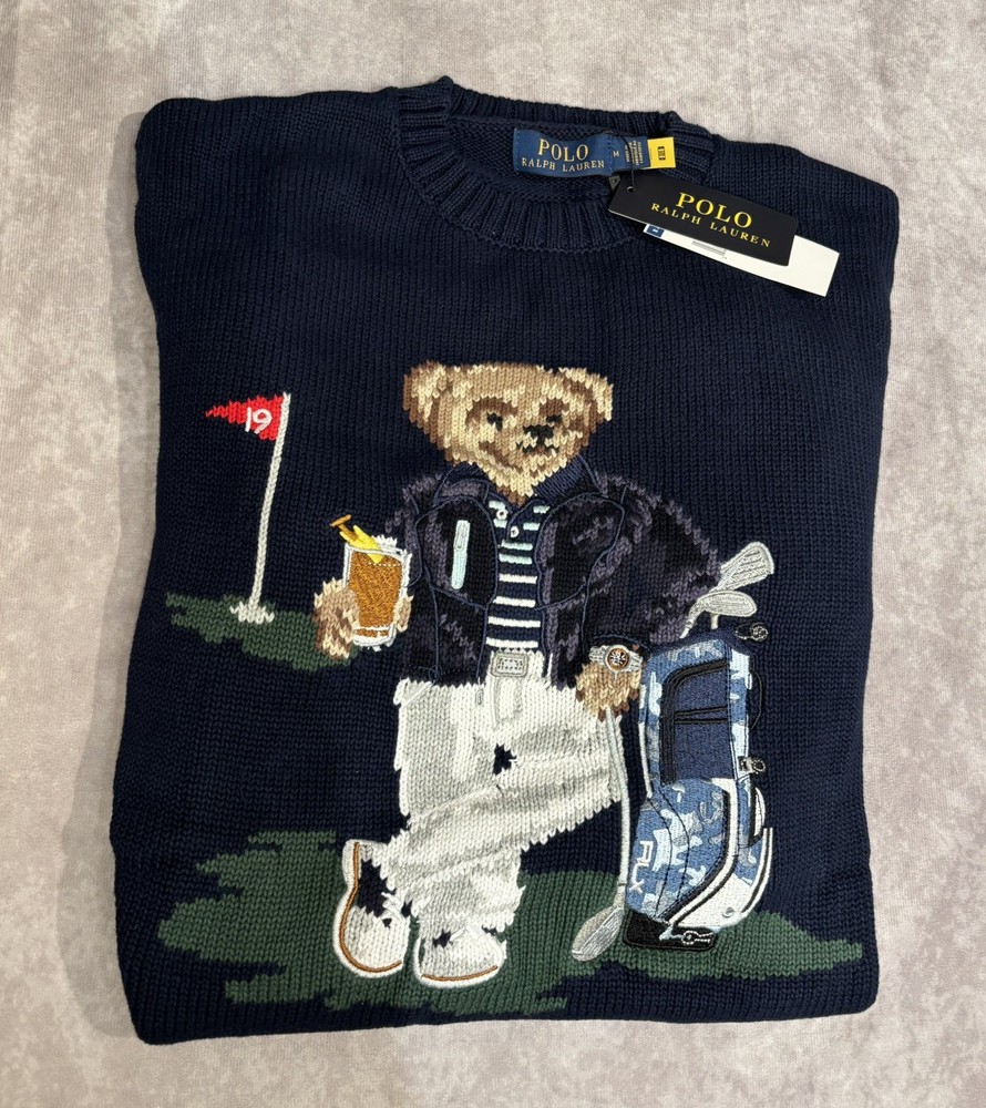 Polo Ralph Lauren Cotton Golf Polo Bear Sweater Mens Size Medium Navy Blue