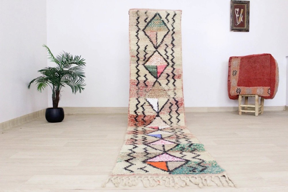 Geometric Moroccan Runner Rug Handmade Berber Boujaad Rug 2' x 9' ft Wool Carpet