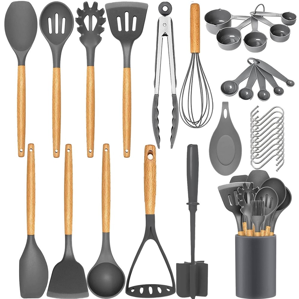 Kitchen Utensils Set,33 Pcs Non-Stick Silicone Cooking Utensils Set with Spat...