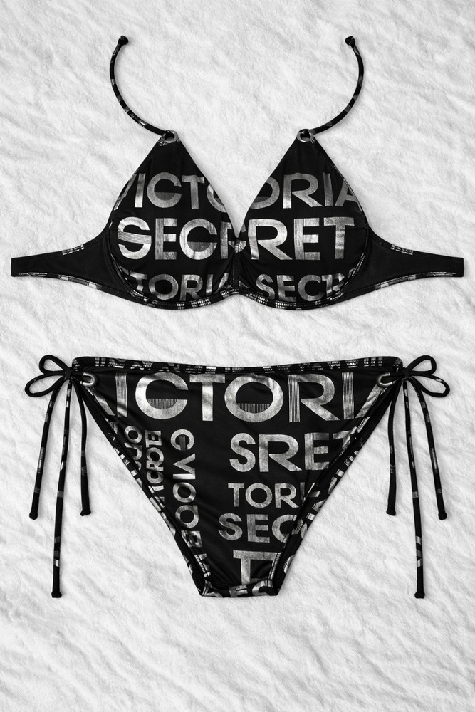 RARE '08 VTG Victoria's Secret Black All Over Silver Writing Bikini Set S