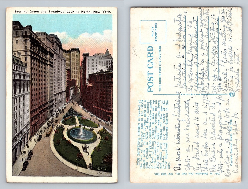 New York City NY, Bowling Green and Broadway Looking North, Vintage Postcard