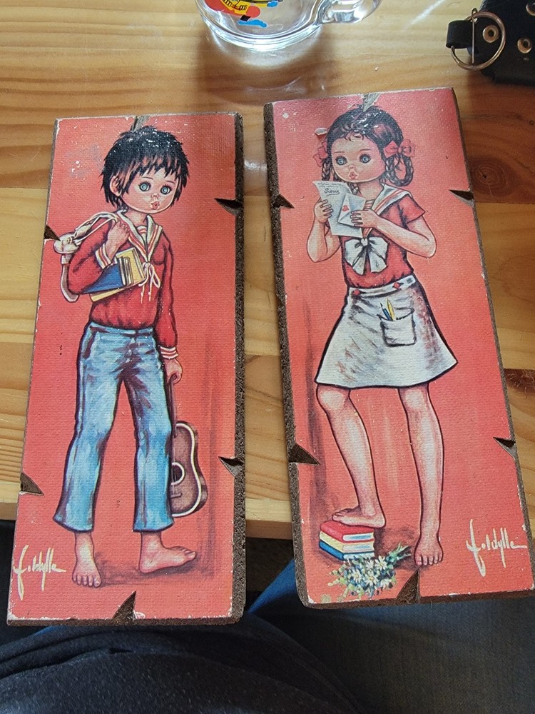Vintage Mid Century Big Eyes Boy And Girl Art On Wood. F.Idylle