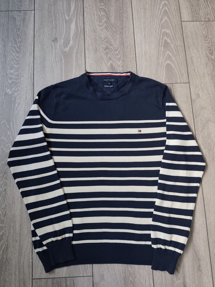 Tommy Hilfiger Men’s Navy White Crew Neck Jumper Size S Sweater