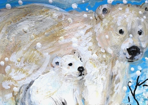 ORIGINAL ACEO Painting POLAR BEAR Winter Cub Animal White Arctic Snow ATC ART