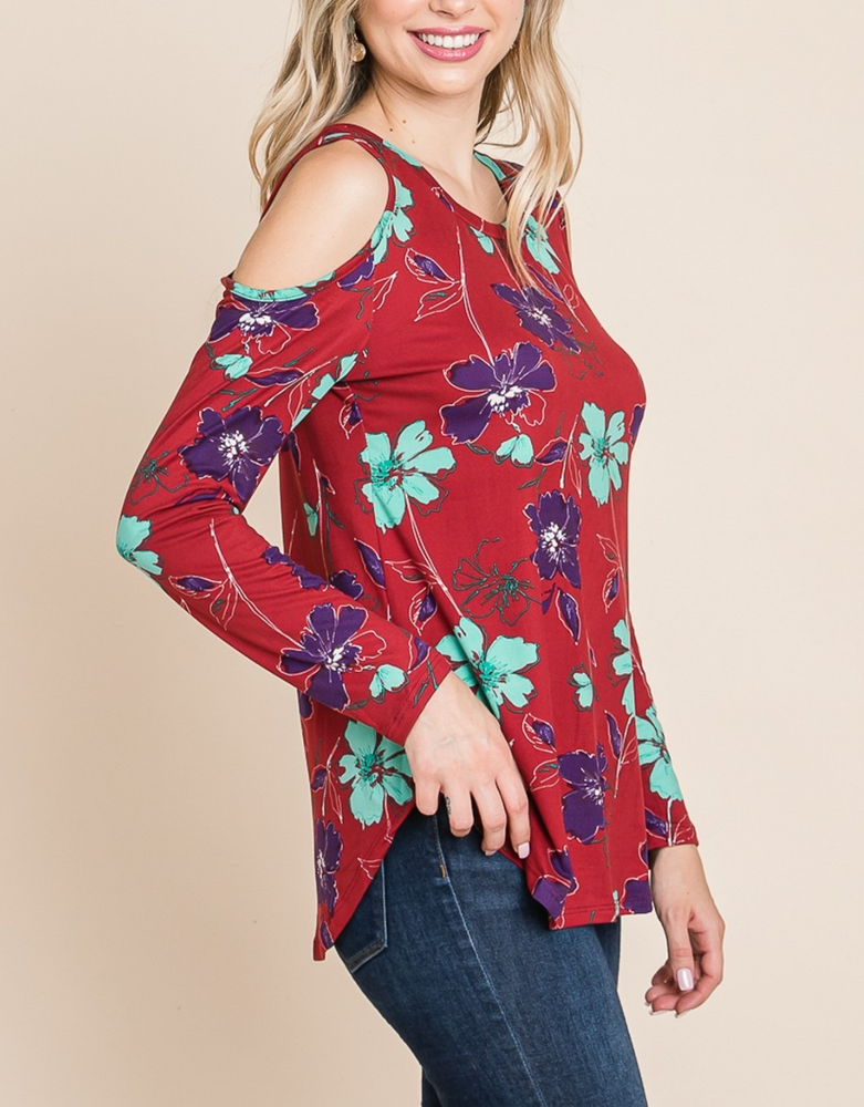 Viamor Women’s Floral Top  Cold Shoulder  Size S  Burgundy  Mint