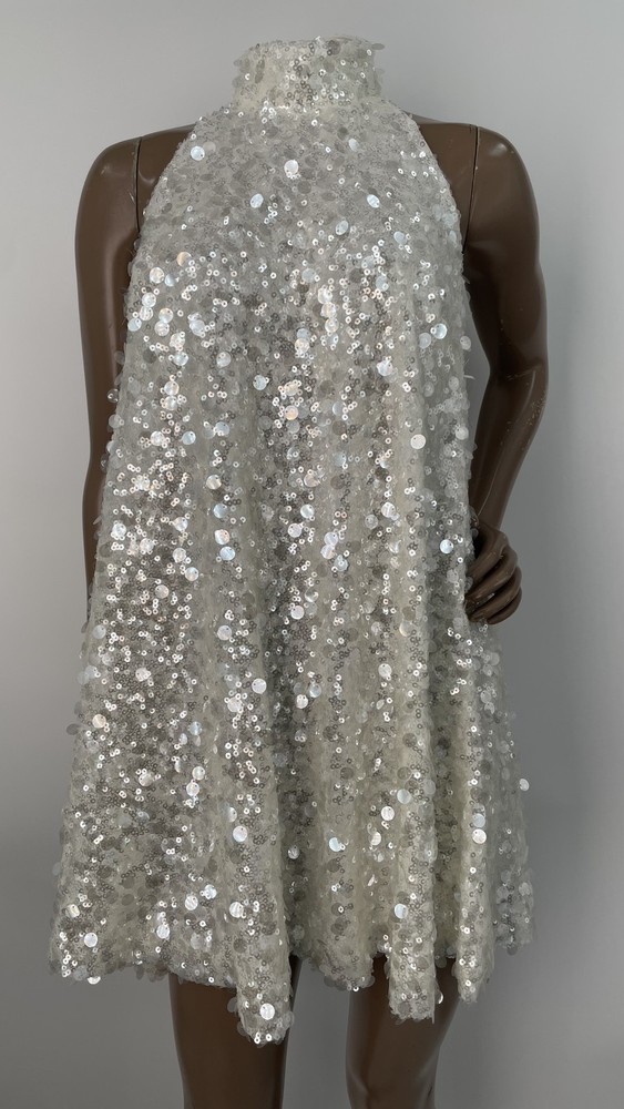 Helsi Women Mini Dress Off White Size M Megan Backless Sequin Halter Neck Zip Up