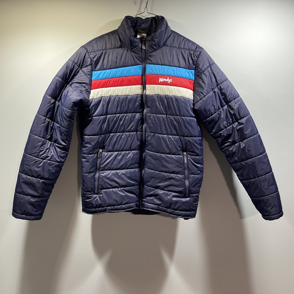 Wendys Puffer Jacket Mens Small Blue Retro Stripe Employee Full Zip Barco 1530