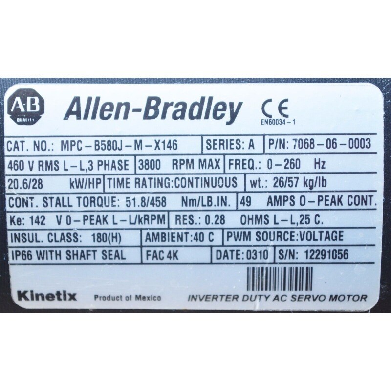 ALLEN BRADLEY MPC-B580J-M-X146 SERVO MOTOR 51.8NM 3800RPM  460V US Free Tax