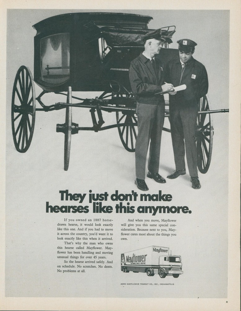 1971 Mayflower Moving Truck 1887 Horse Drawn Hearse Delivery Vtg Print Ad L18